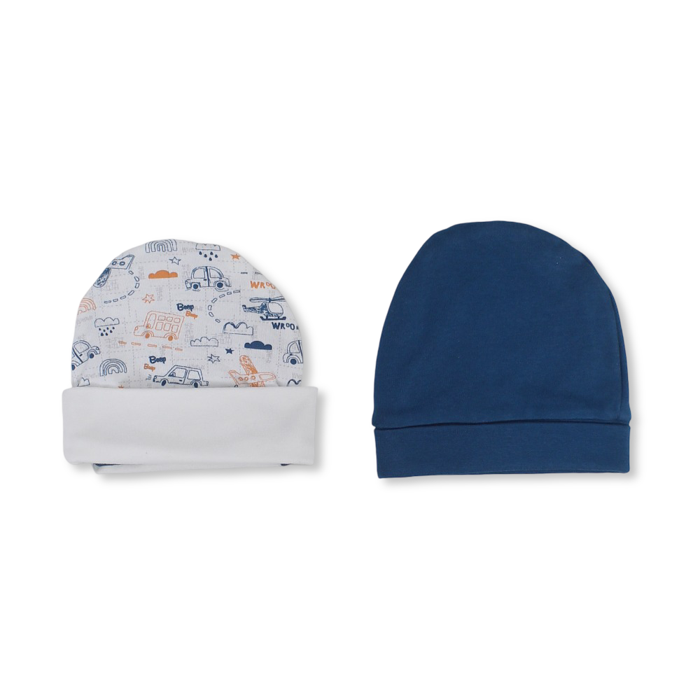 Baby Boys Cotton Beanie – Off-White & Janzary with Beep Print