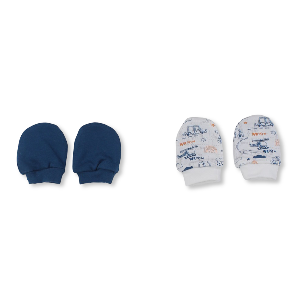 Baby Boys Cotton Hand Mittens – Off-White & Janzary with Cars Print