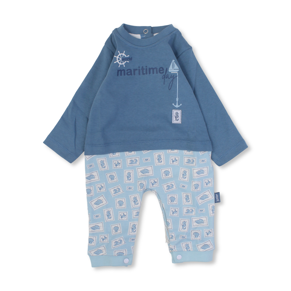 Baby Boys Cotton Footless Onesie Baby Blue with "Maritime Day" Design