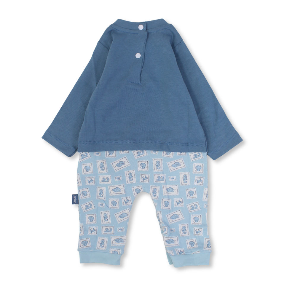 Baby Boys Cotton Footless Onesie Baby Blue with "Maritime Day" Design