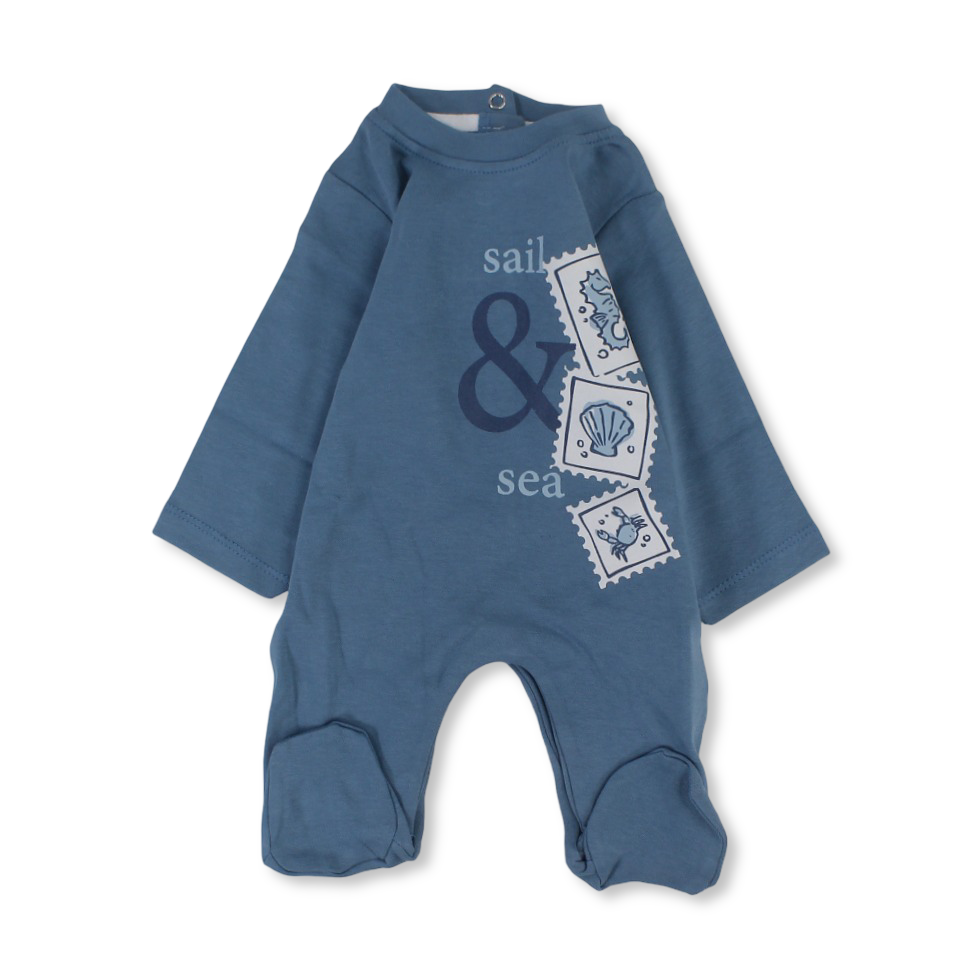 Baby Boys Cotton Baby Footie – Baby Blue with "Sail & Sea" Design - Clothing - Junior