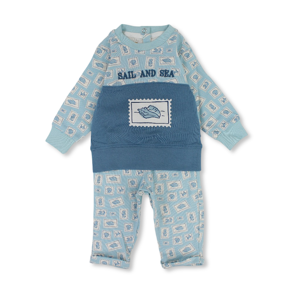 Baby Boys Cotton Pajama – Aqua with "Sail and Sea" Embroidery