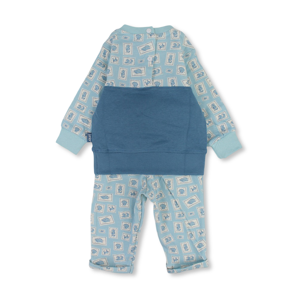 Baby Boys Cotton Pajama – Aqua with "Sail and Sea" Embroidery