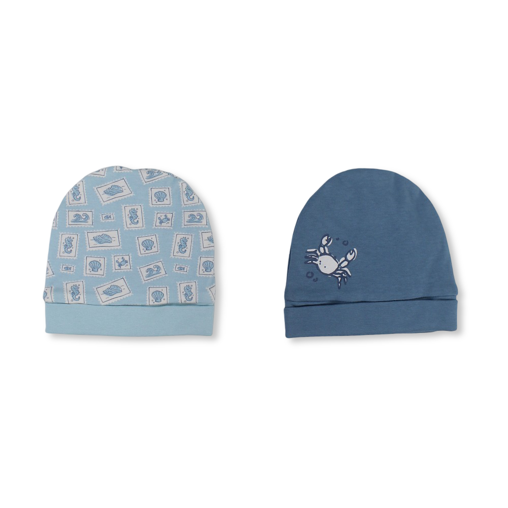 Baby Boys Cotton Beanie – Aqua & Baby Blue with Crab Print