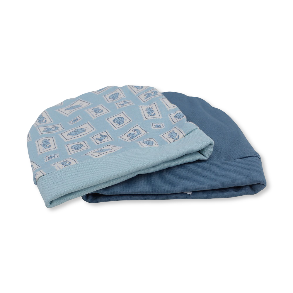 Baby Boys Cotton Beanie – Aqua & Baby Blue with Crab Print