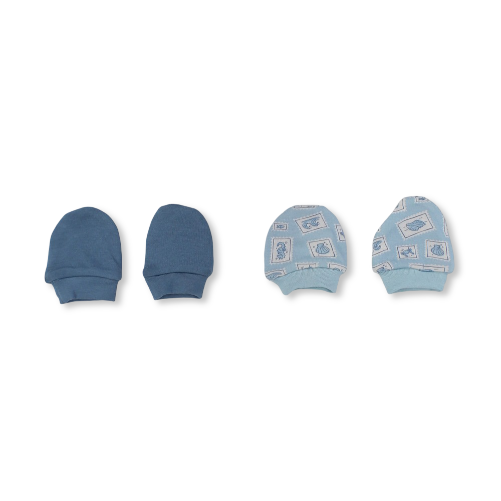 Baby Boys Cotton Hand Mittens – Aqua & Baby Blue with Crab Print