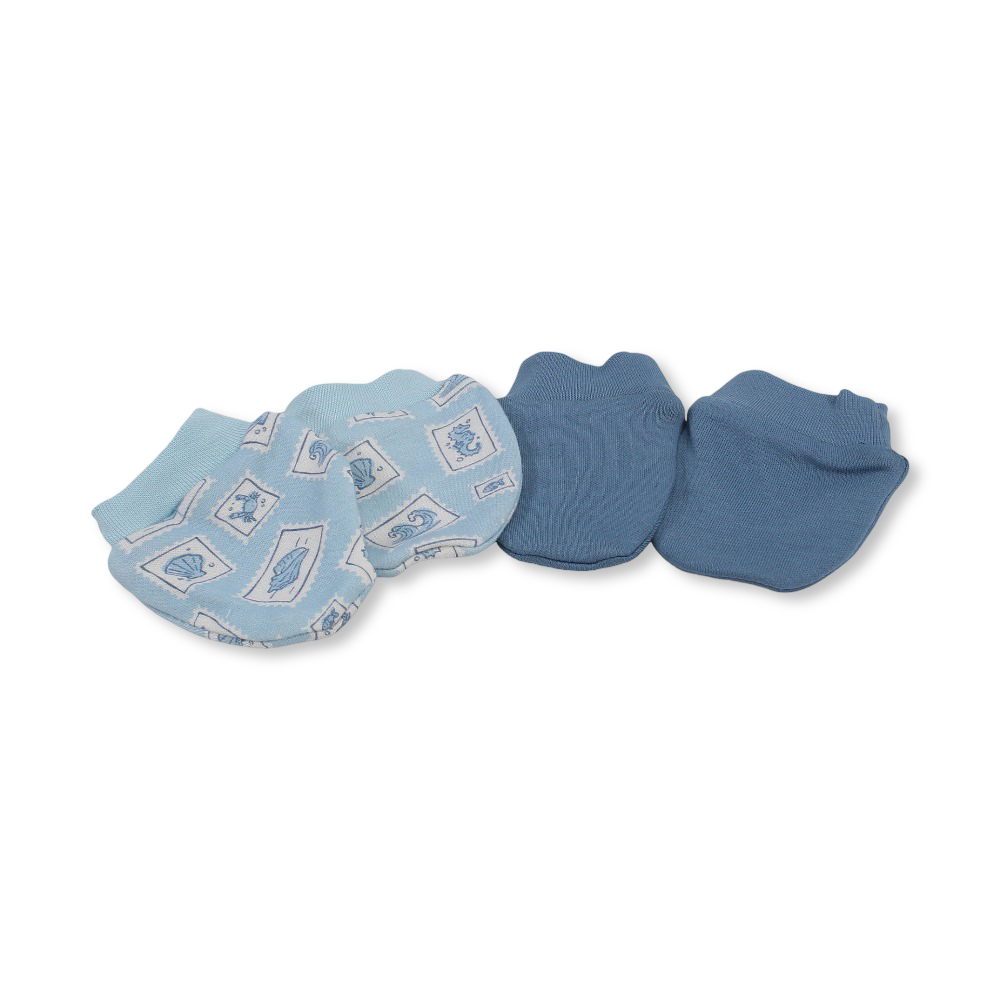 Baby Boys Cotton Hand Mittens – Aqua & Baby Blue with Crab Print
