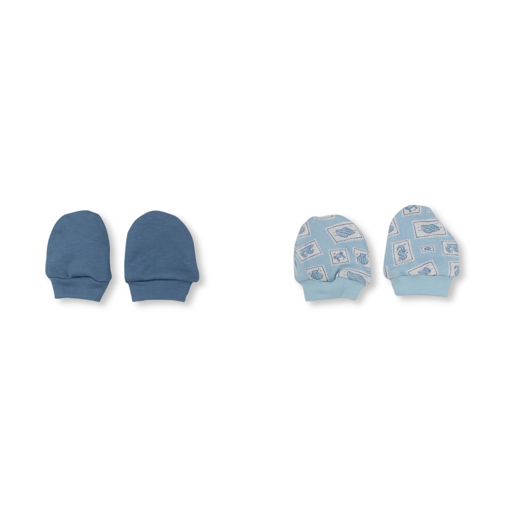 Baby Boys Cotton Hand Mittens – Aqua & Baby Blue with Crab Print