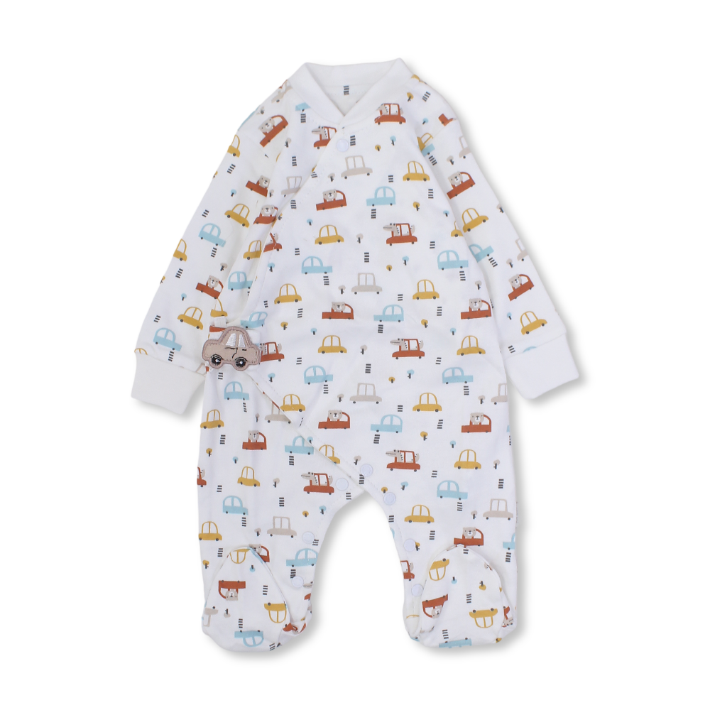 Baby Boys Cotton Baby Footie – Off-White with Cars Print