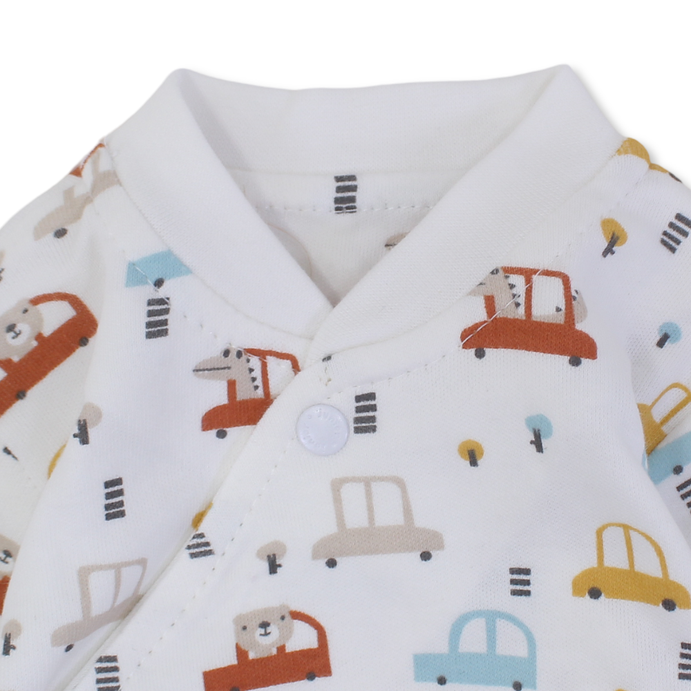 Baby Boys Cotton Baby Footie – Off-White with Cars Print