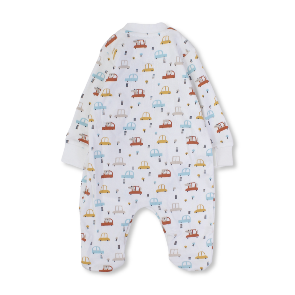 Baby Boys Cotton Baby Footie – Off-White with Cars Print