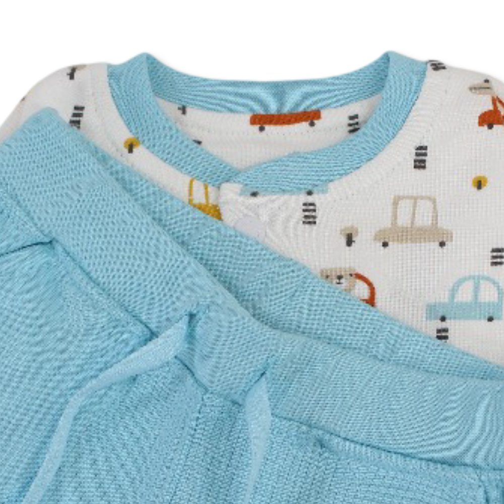 Baby Boys Cotton Pajama – Off-White with Cars Print