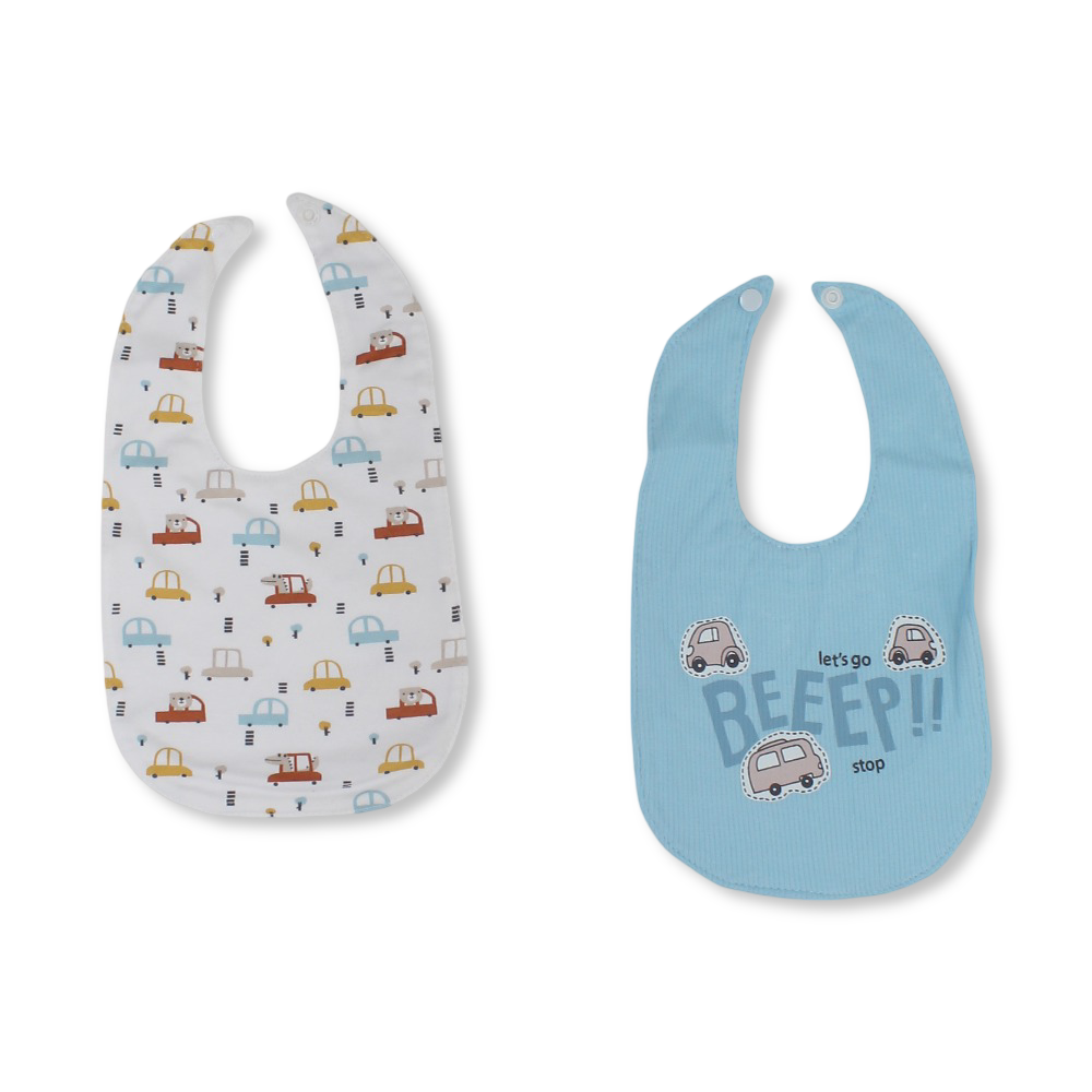 Cotton Baby Bib – Off-White & Aqua with Cars Print