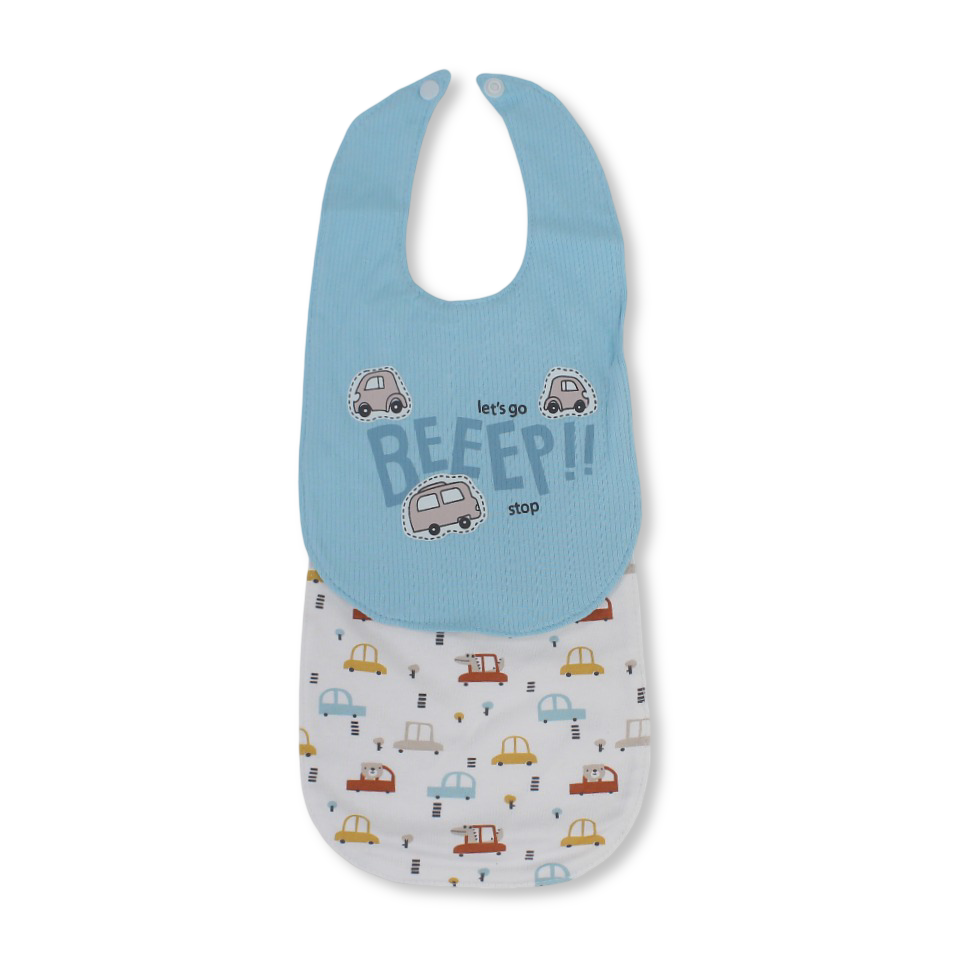 Cotton Baby Bib – Off-White & Aqua with Cars Print