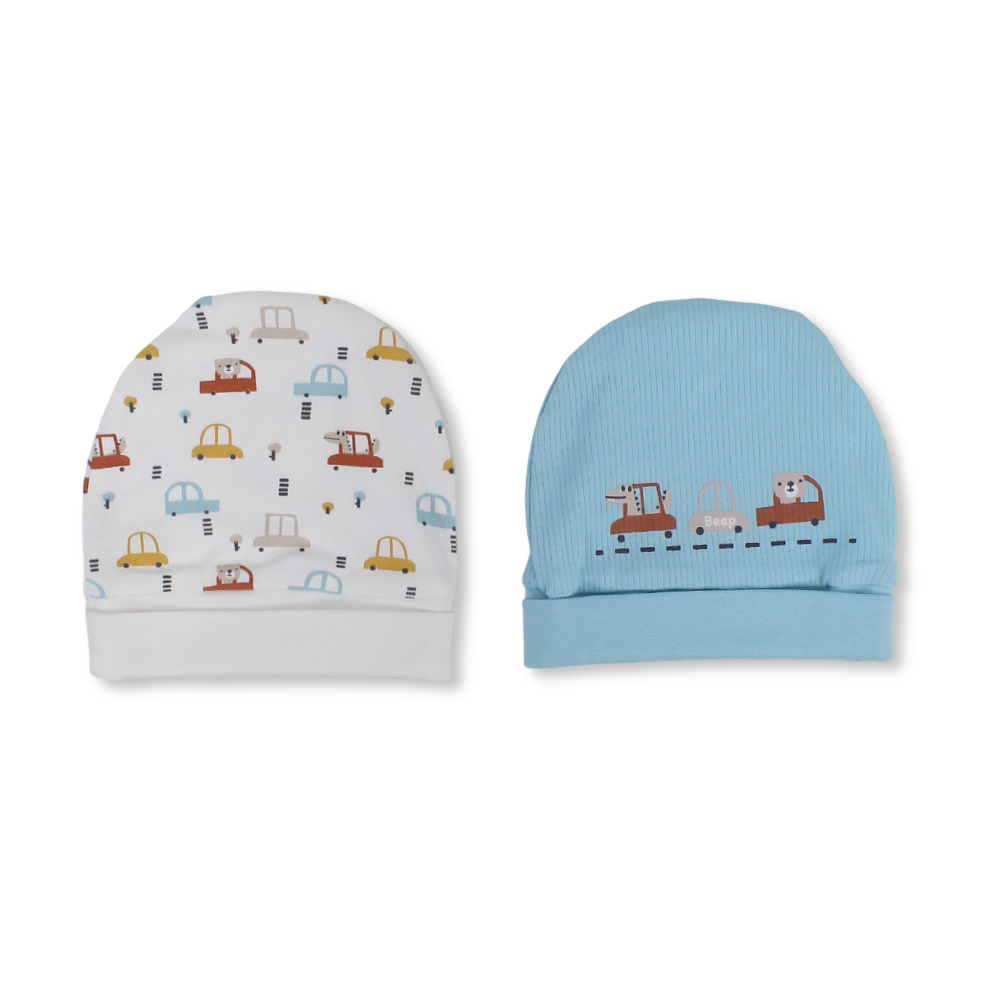 Baby Boys Cotton Beanie – Aqua & Off-White with Cars Print
