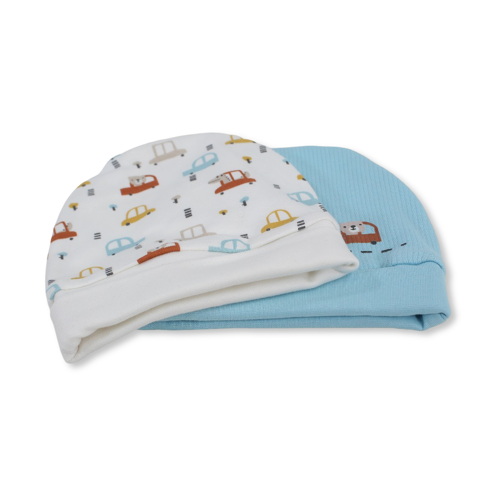 Baby Boys Cotton Beanie – Aqua & Off-White with Cars Print