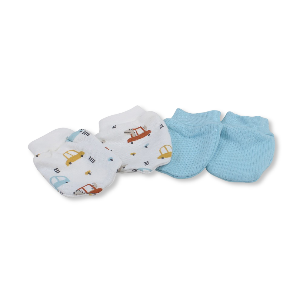 Baby Boys Cotton Hand Mittens – Aqua & Off-White with Cars Print
