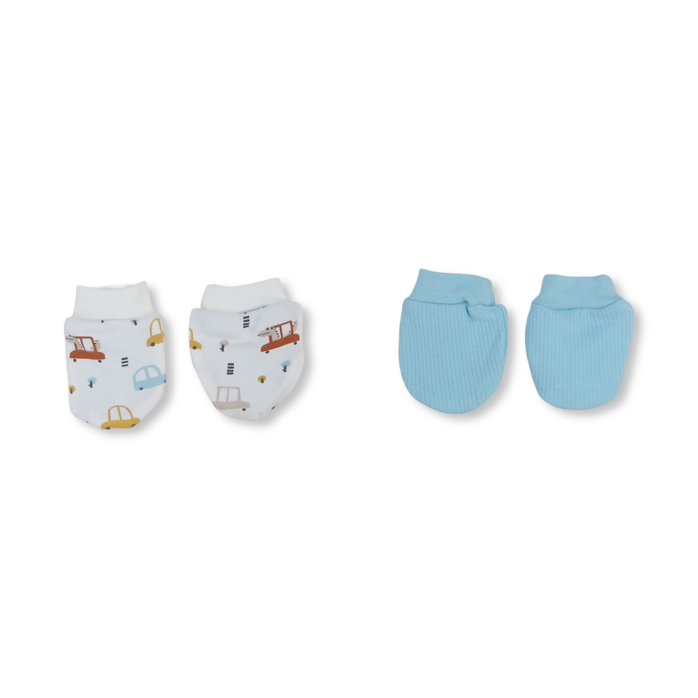 Baby Boys Cotton Hand Mittens – Aqua & Off-White with Cars Print