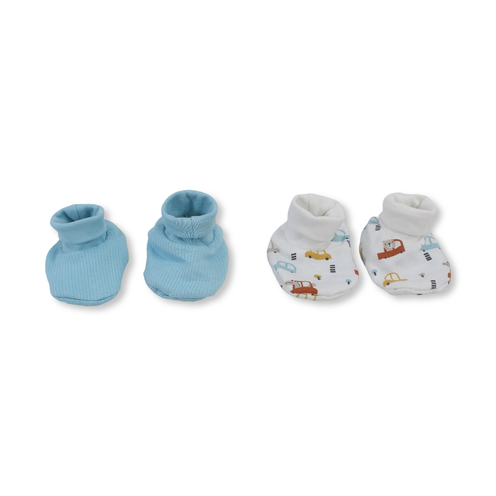 Baby Boys Cotton Footies – Aqua & Off-White with Cars Print