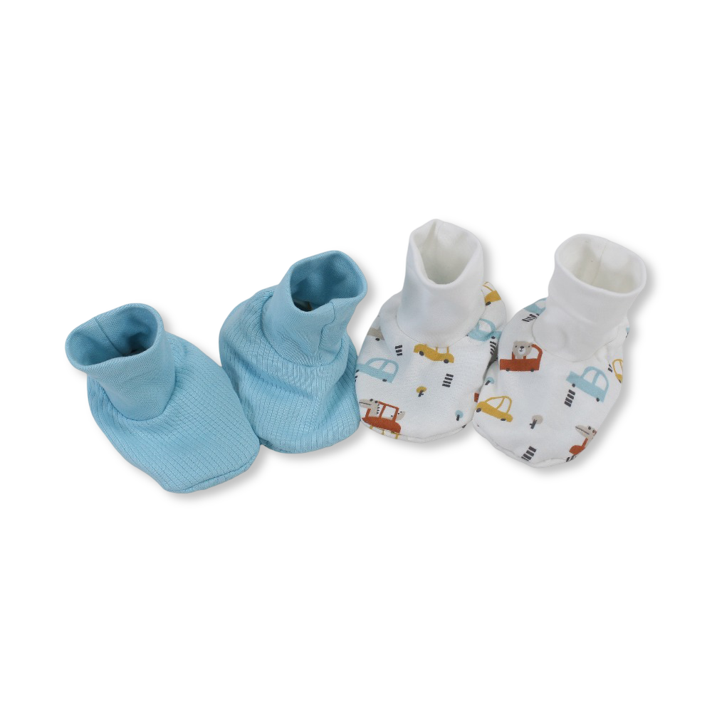 Baby Boys Cotton Footies – Aqua & Off-White with Cars Print