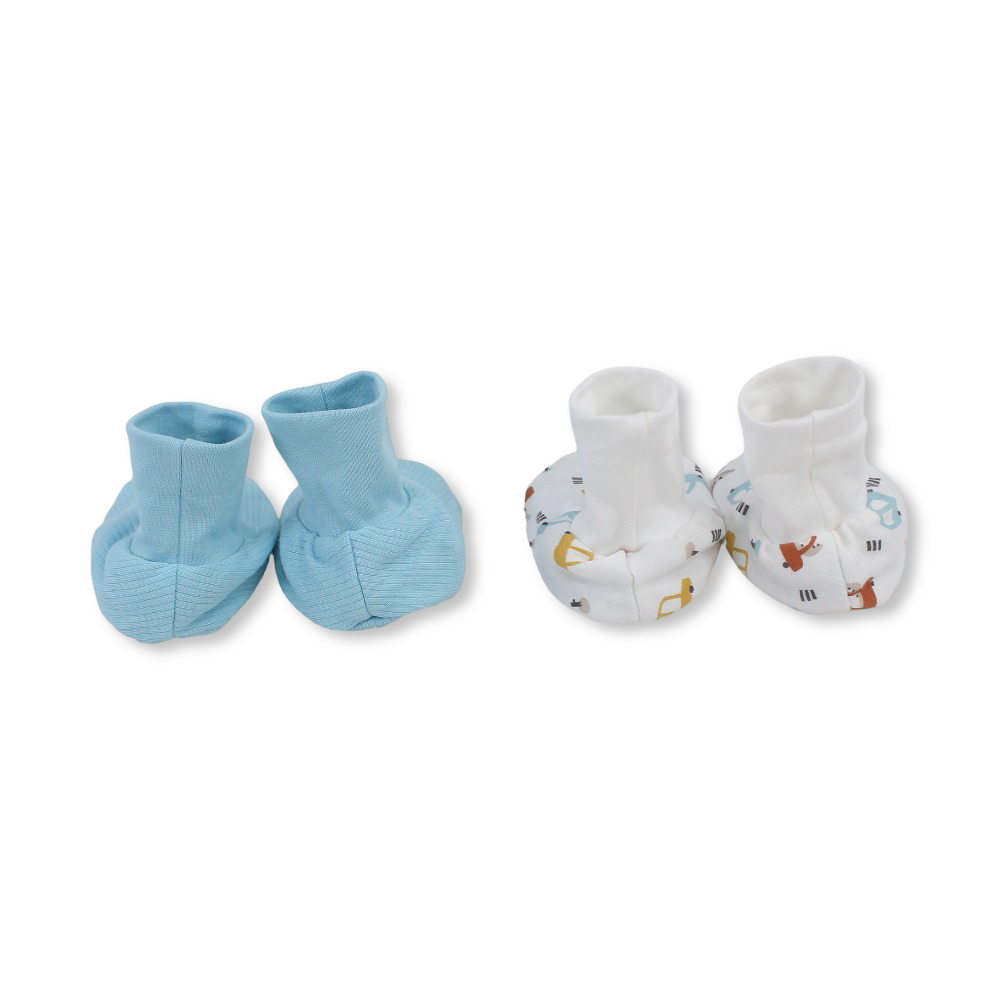 Baby Boys Cotton Footies – Aqua & Off-White with Cars Print