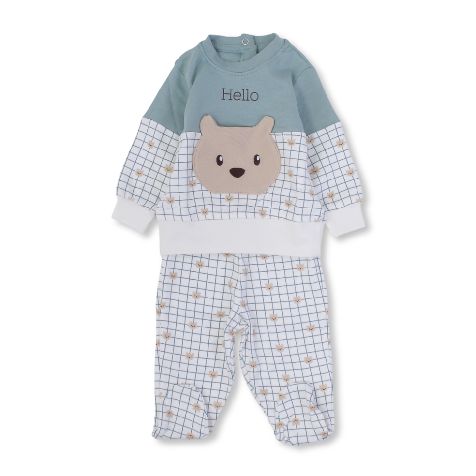 Baby Boys Cotton Pajama – Mint*Off-White with Hello Bear Design