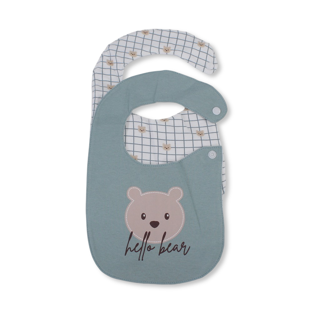 Cotton Baby Bib – Mint & Off-White with "Hello Bear" Design