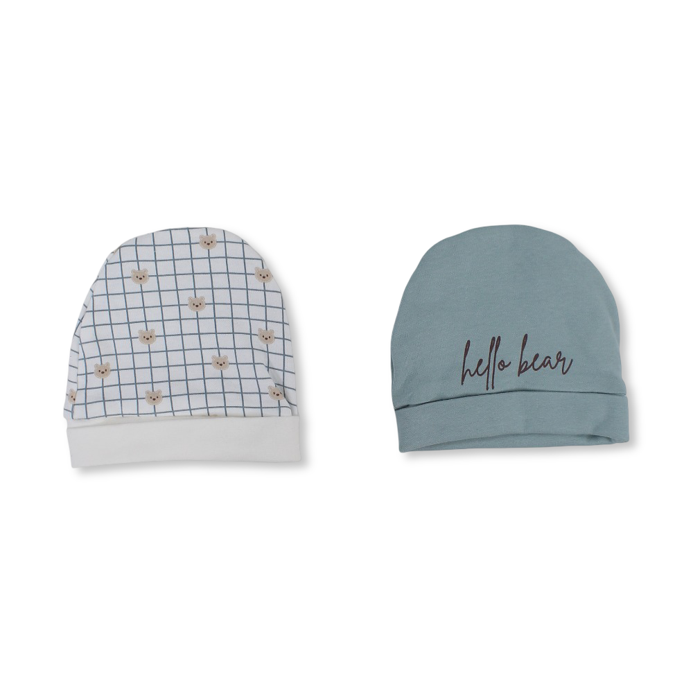 Baby Boys Cotton Beanie – Mint & Off-White with "Hello Bear" Design