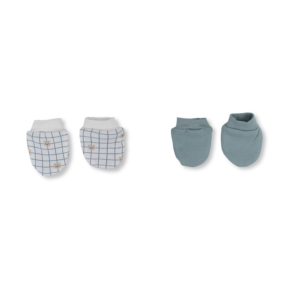 Baby Boys Cotton Hand Mittens – Mint & Off-White with "Hello Bear" Design