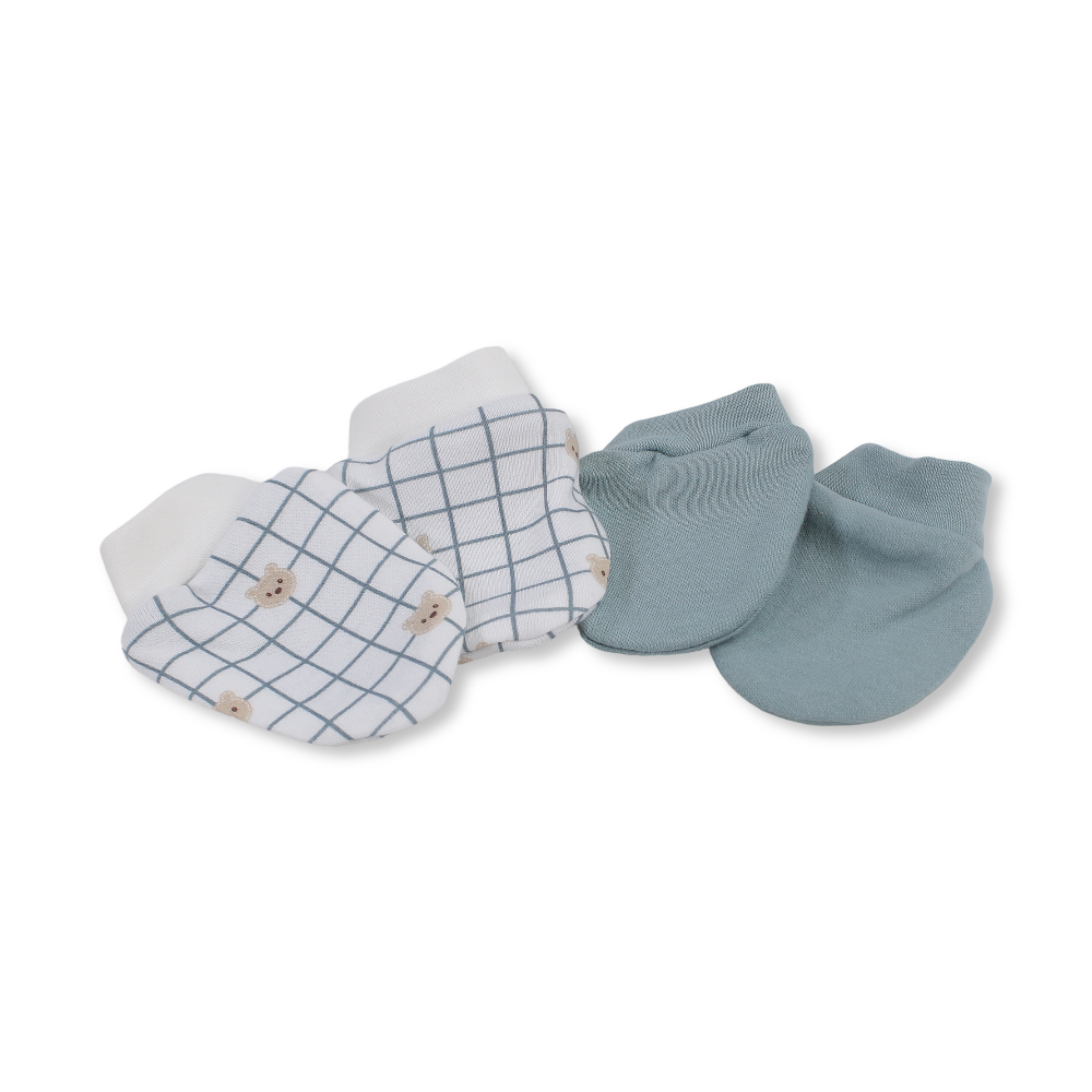 Baby Boys Cotton Hand Mittens – Mint & Off-White with "Hello Bear" Design