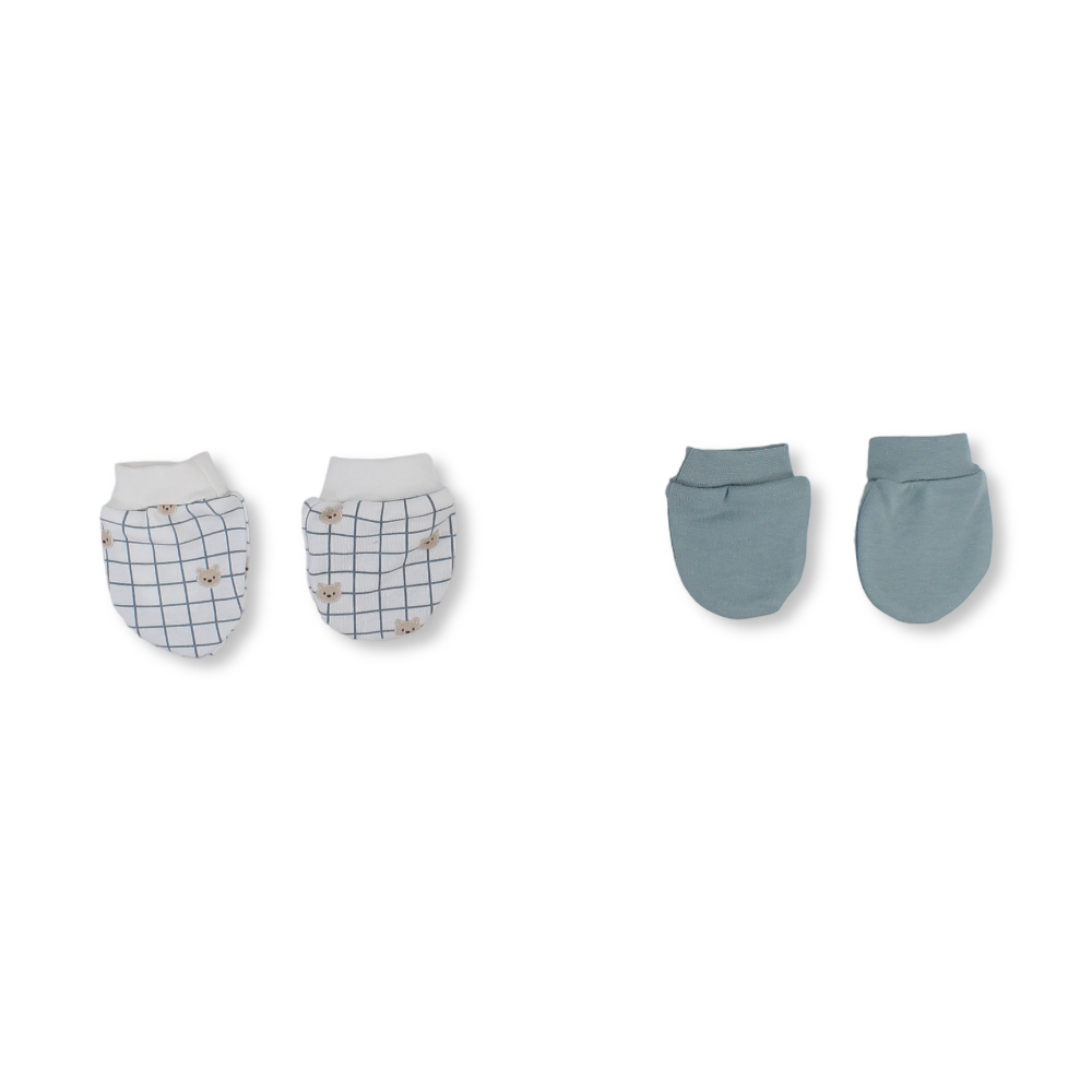 Baby Boys Cotton Hand Mittens – Mint & Off-White with "Hello Bear" Design