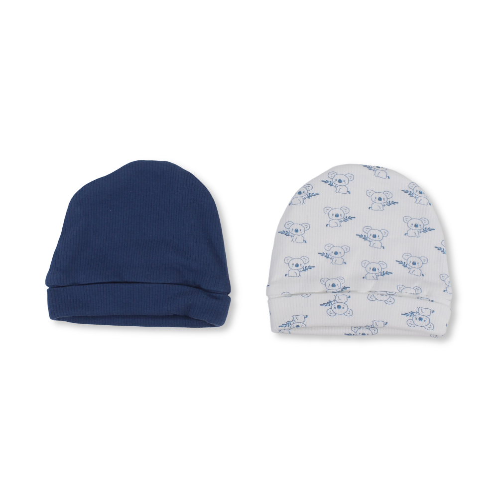 Baby Boys Cotton Beanie – Indigo & Off-White with Koala Print
