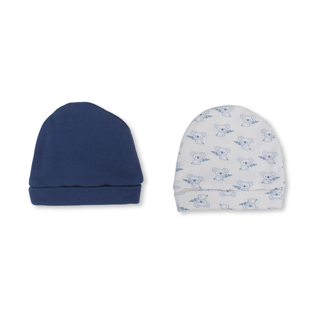Baby Boys Cotton Beanie – Indigo & Off-White with Koala Print