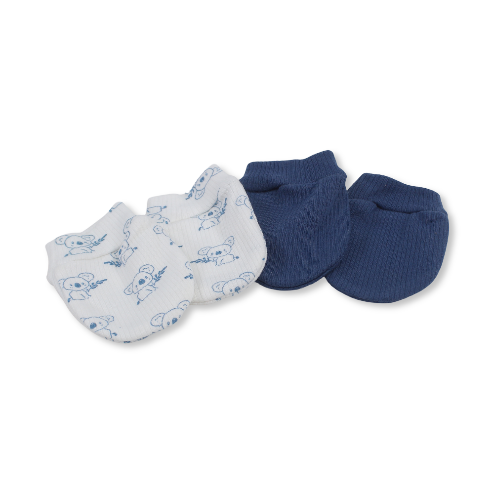 Baby Boys Cotton Hand Mittens – Indigo & Off-White with Koala Print