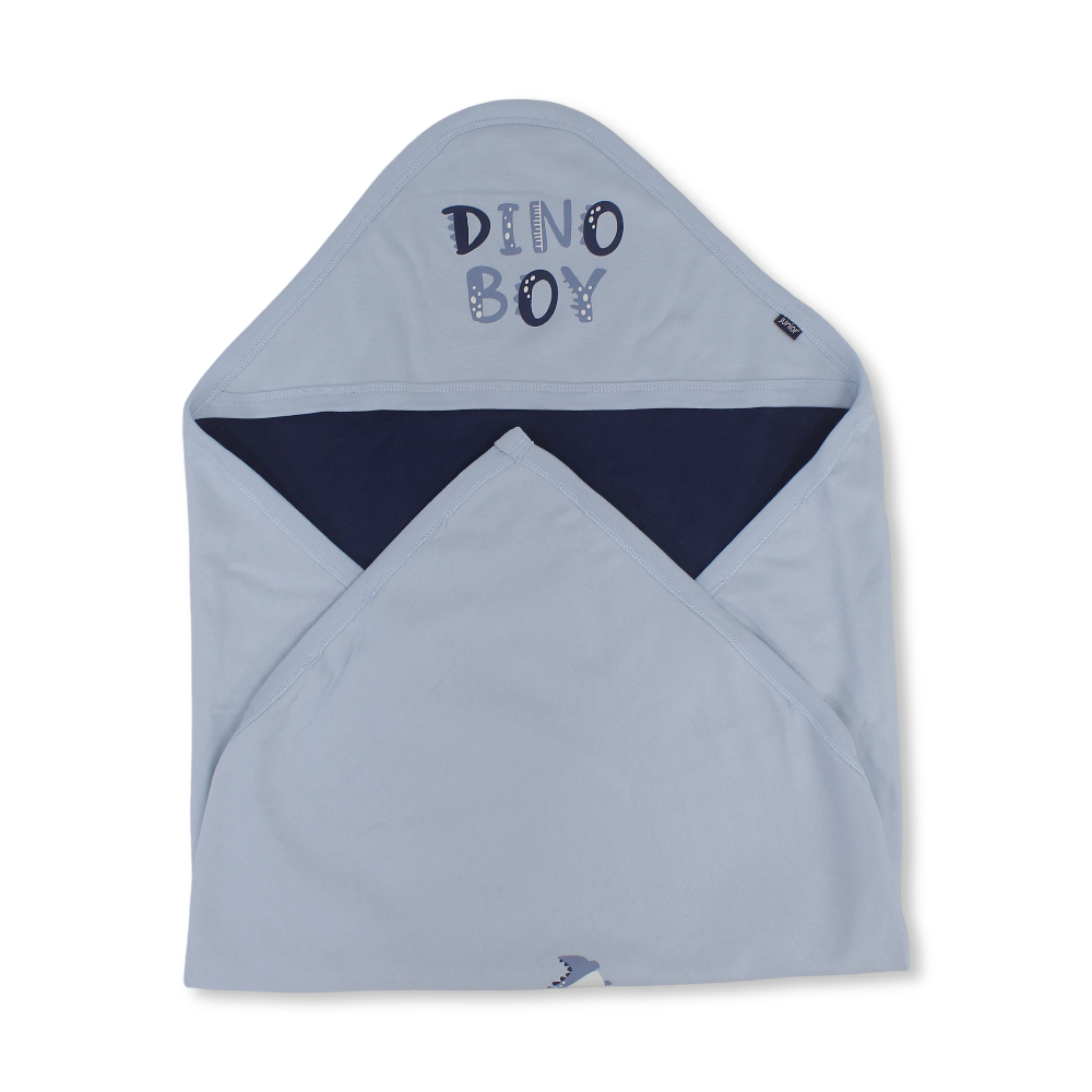 Cotton Baby Blanket – Baby Blue & Navy with "Dino Boy" Design