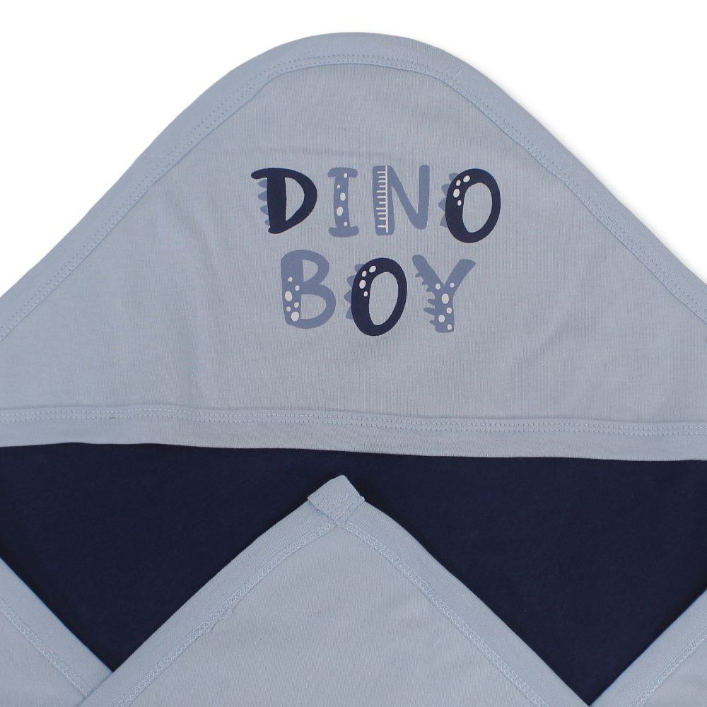 Cotton Baby Blanket – Baby Blue & Navy with "Dino Boy" Design