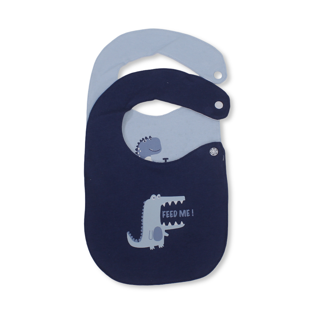 Cotton Baby Bib – Baby Blue & Navy with "Dino iam Hungry" Design