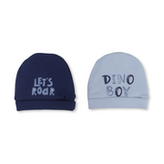 Baby Boys Cotton Beanie – Baby Blue & Indigo with "Dino Boy" Design
