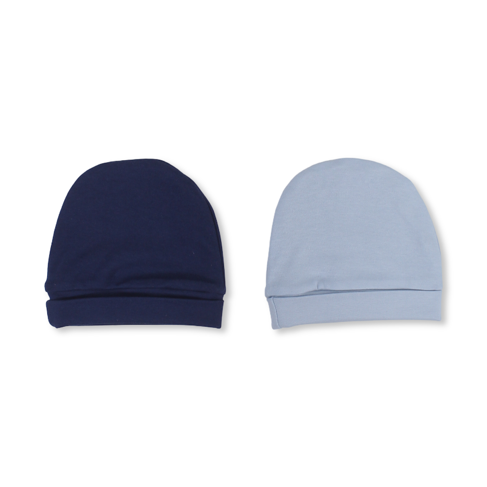 Baby Boys Cotton Beanie – Baby Blue & Indigo with "Dino Boy" Design