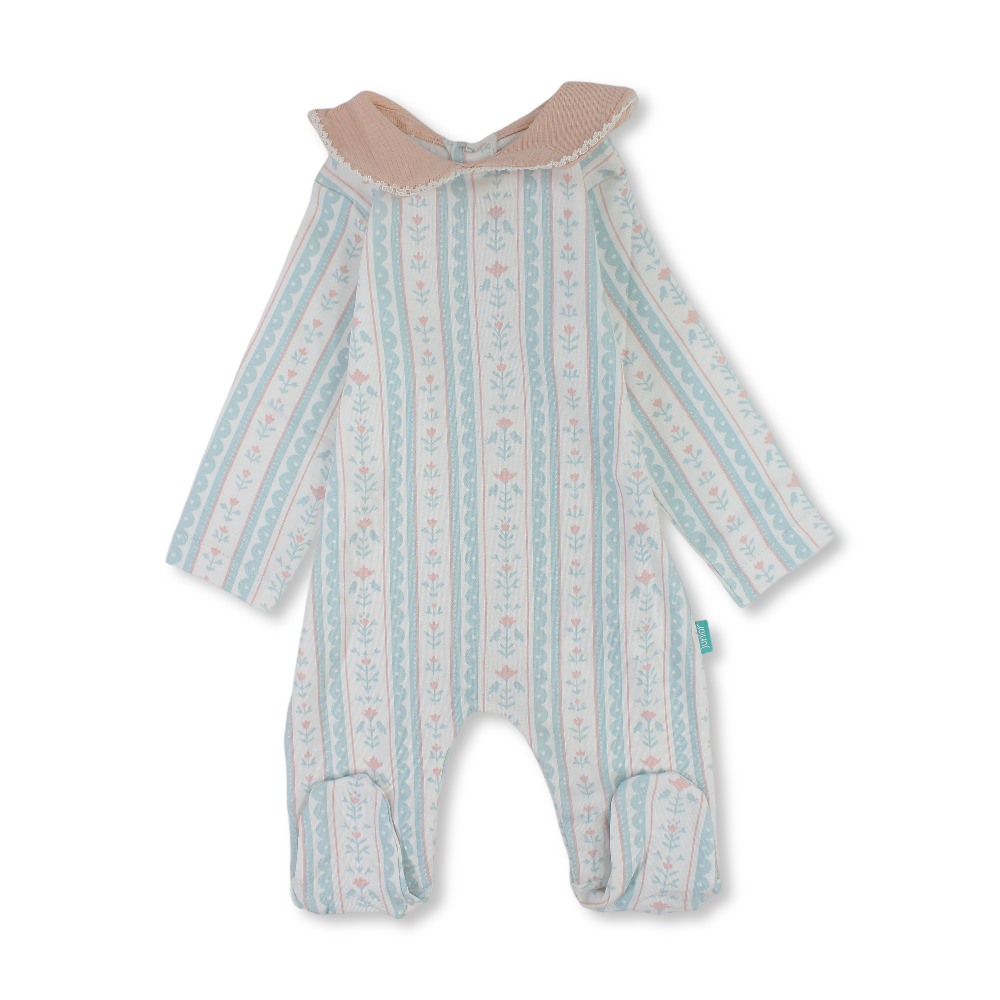 Baby Girls Cotton Baby Footie – Off-White with Striped Rose Print - Clothing - Junior