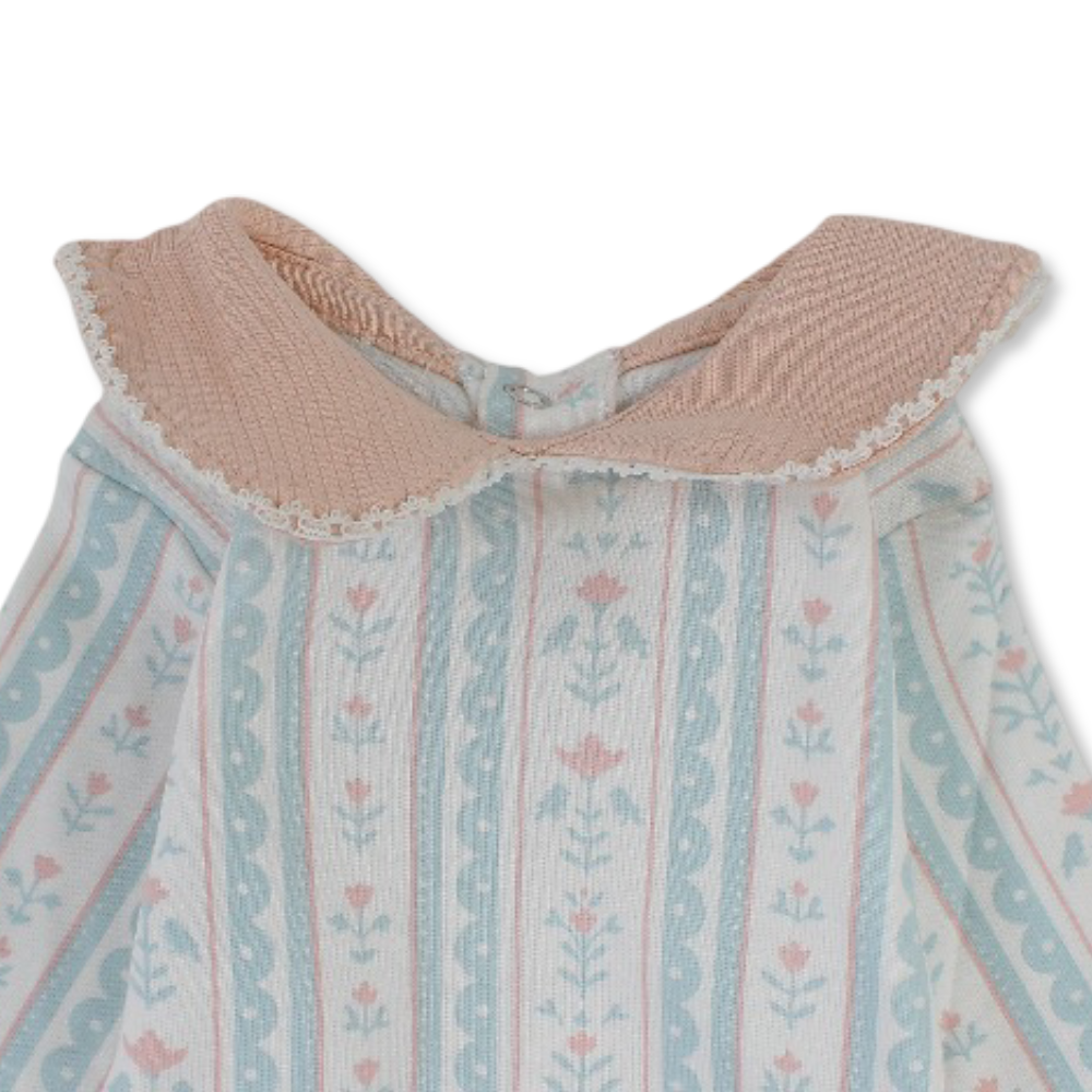 Baby Girls Cotton Baby Footie – Off-White with Striped Rose Print