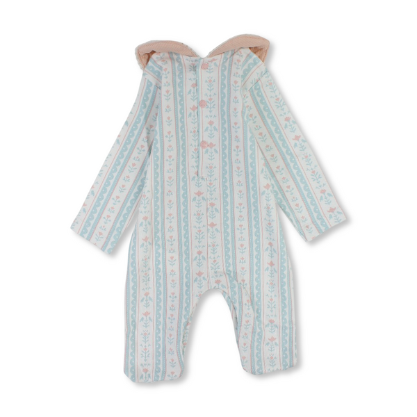 Baby Girls Cotton Baby Footie – Off-White with Striped Rose Print