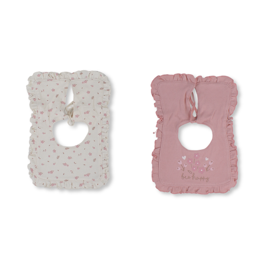 Cotton Baby Bib – Salmon & Off-White with Flower Print