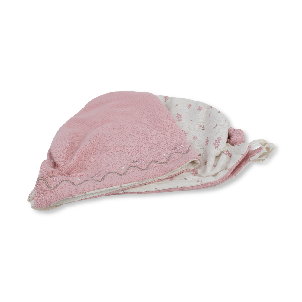 Baby Girls Cotton Beanie – Salmon & Off-White with Flower Print