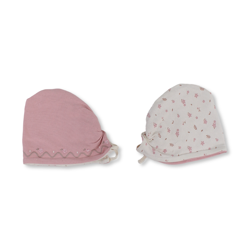 Baby Girls Cotton Beanie – Salmon & Off-White with Flower Print