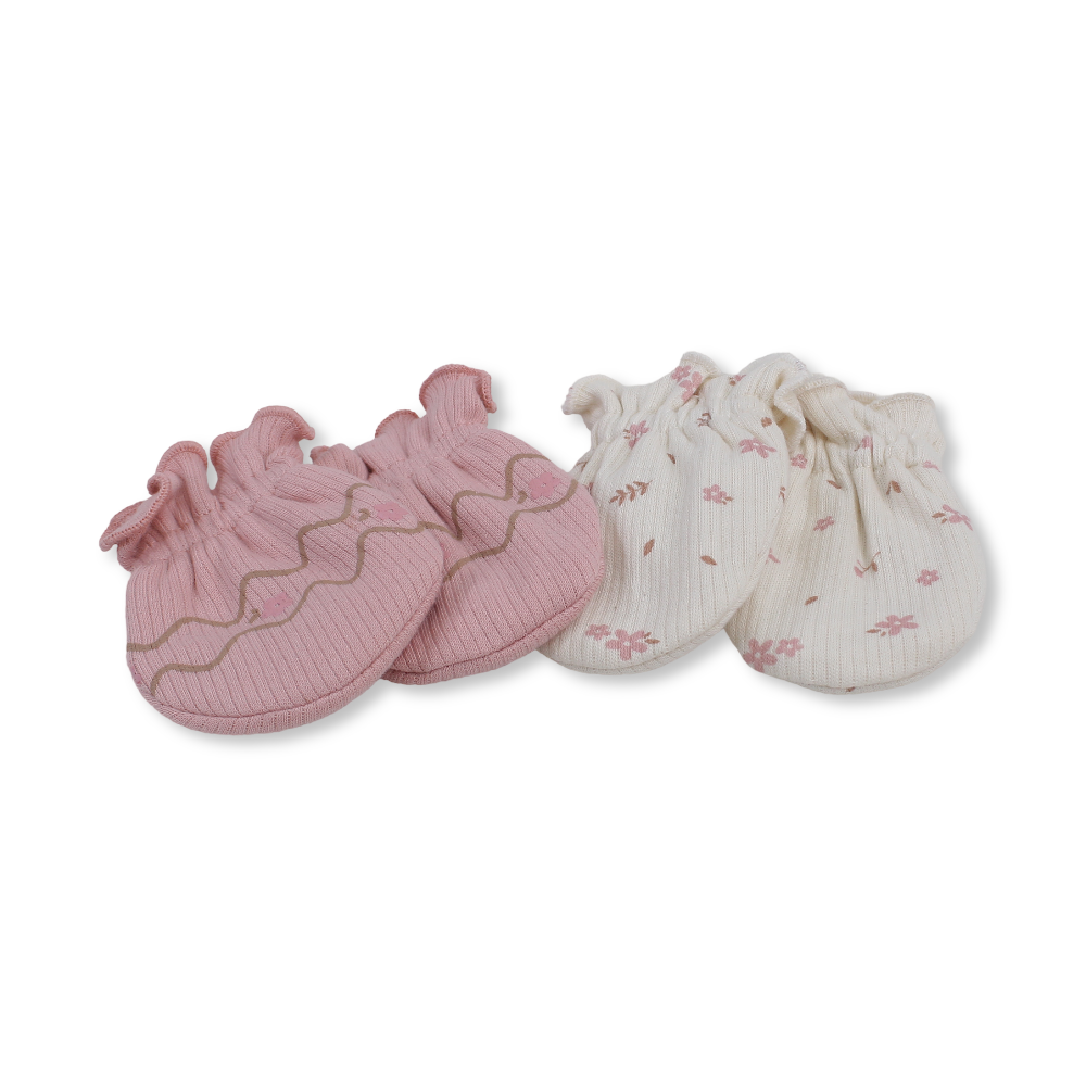 Baby Girls Cotton Hand Mittens – Salmon & Off-White with Flower Print