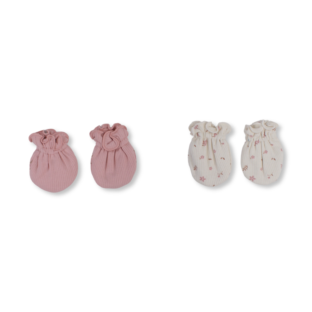 Baby Girls Cotton Hand Mittens – Salmon & Off-White with Flower Print