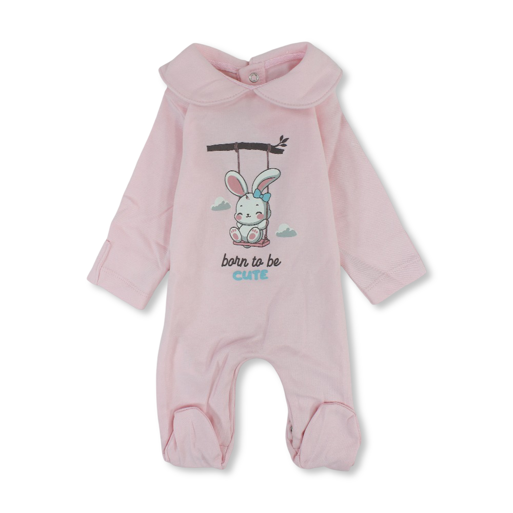 Baby Girls Cotton Baby Footie – Pink with Rabbit Print - Clothing - Junior