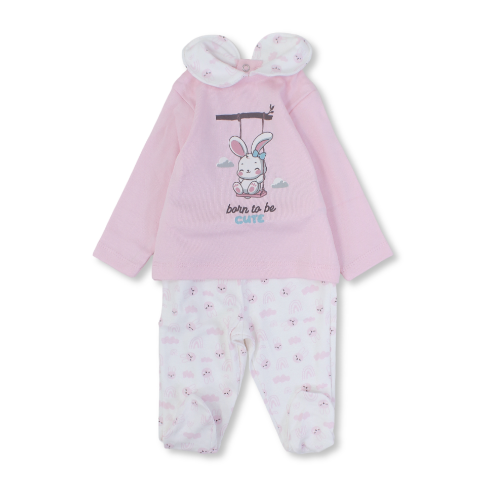 Baby Girls Cotton Pajama – Pink with Rabbit Print - Clothing - Junior