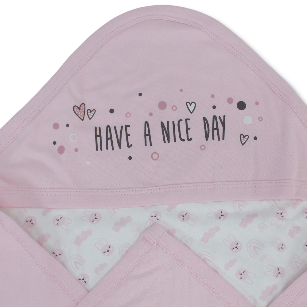 Cotton Baby Blanket – Pink & Off-White with "Have a Nice Day" Design